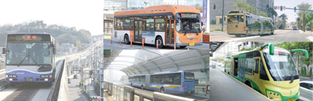 (da esquerda, no sentido horário) BRT em Nagoya, Japão; Sejong, Coreia do Sul; Las Vegas, EUA; Bangkok, Tailandia; e Xiamen, China, algumas das cidades que adotaram o sistema com sucesso.