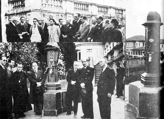 Foto de momento da instalação do histórico chafariz no antigo local do Museu Paranaense, no Batel. Discursa o professor Arthur Martins Franco, diretor do Museu. A parte inferior mostra Oswaldo Piloto, historiador e escritor, o ex-governador Bento Munhoz da Rocha Neto, o padre Jesus Moura, José Loureiro Fernandes, professor Arthur Martins Franco e Lourenço Pinto.