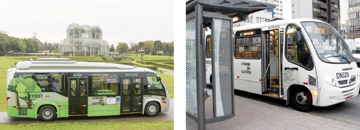 Ônibus elétrico na linha Circular-Centro trafega simultaneamente com os antigos ônibus brancos a diesel