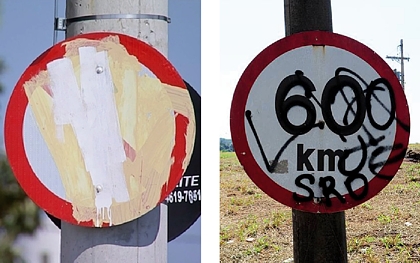 Algumas das centenas de placas vandalizadas em Curitiba