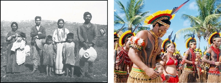 Índios Kaingang na década de 1950 (Acervo do Museu do Índio); Hoje os Kaingang se dedicam à preservação cultural